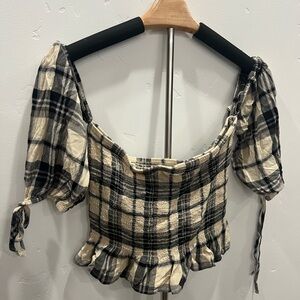 American Eagle Outfitters Black and Cream Plaid Blouse